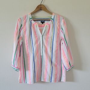 Talbots Neon Stripe 3/4 Sleeve Henley Popover Size Large Petite LP